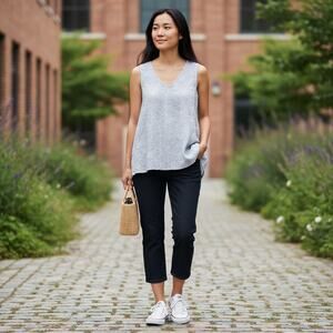 Flax Women's 100% Linen Gem Blue and White Floral Pattern Flowy Tank Top- Medium